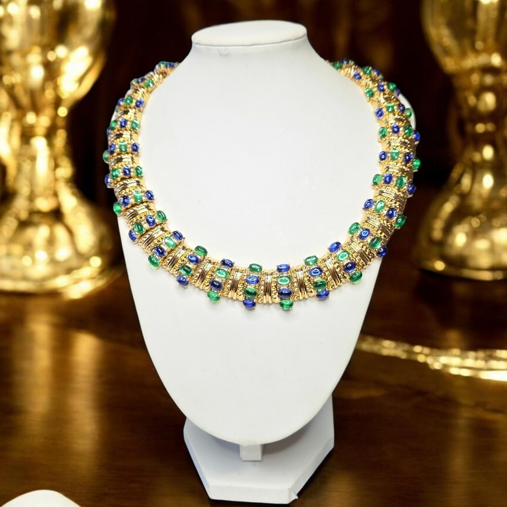 Exquisite 18k Gold Plated Chunky Emerald Sapphire Cabochon Collar Necklace